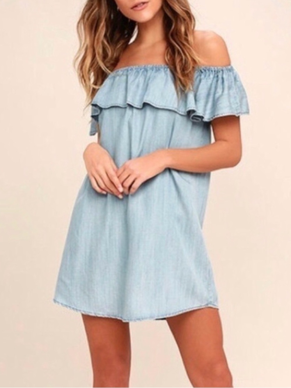 Zara Lyocell Chambray Off Shoulder Ruffle Mini Dress, Size Small